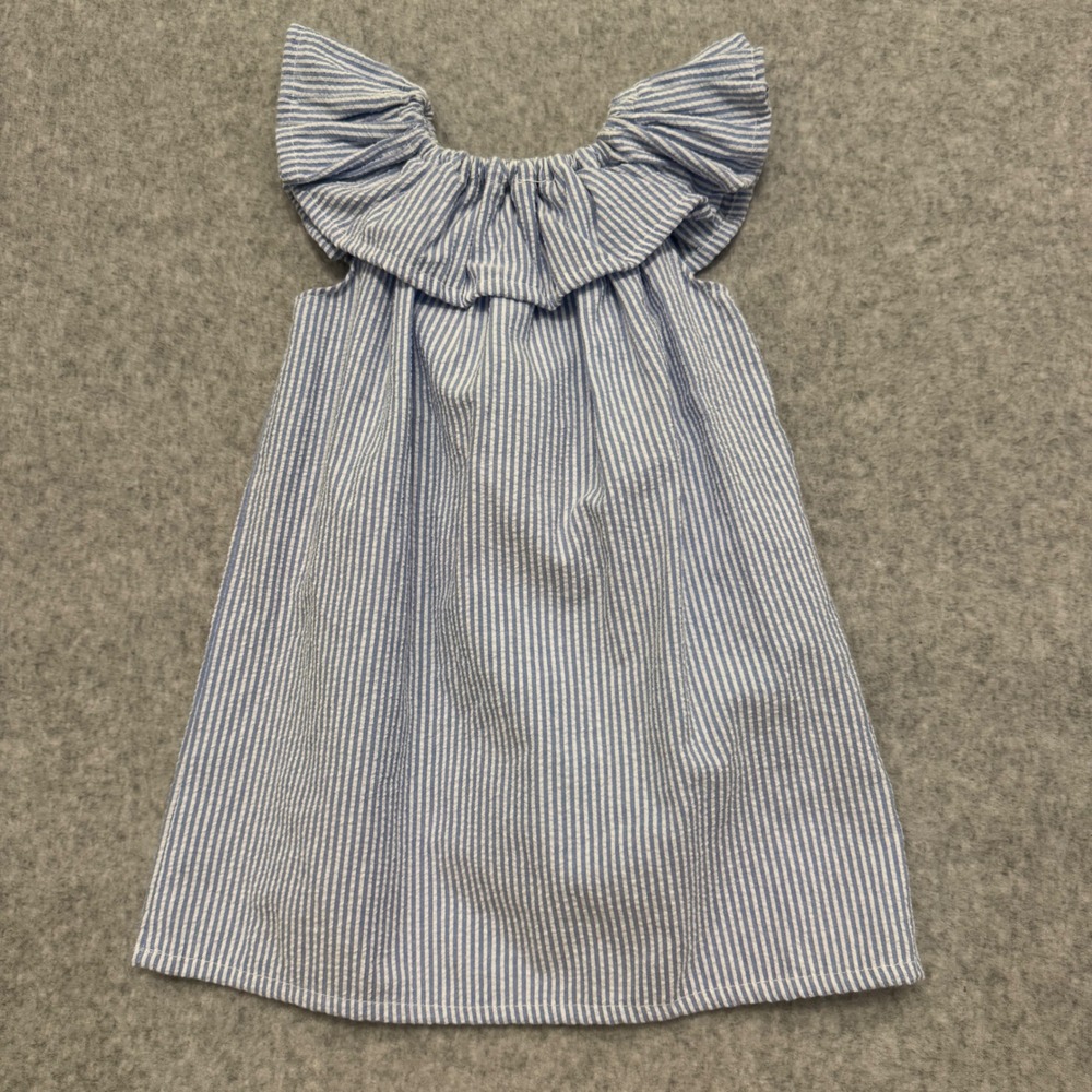 Caught Ya Lookin Blue Seersucker Monogram E Ruffle Dress 18 Months USA Made - Picture 3 of 6